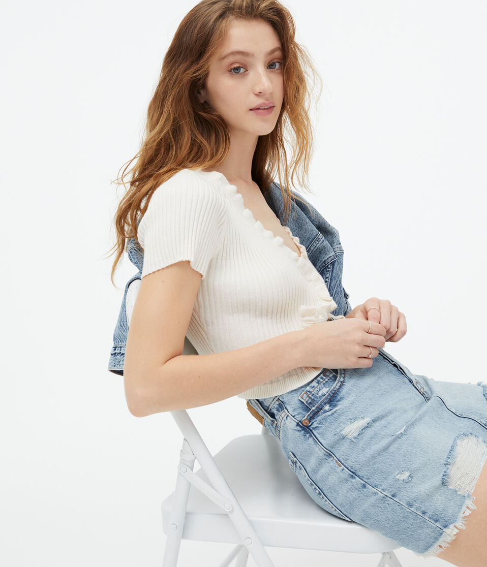 Short Sleeve Ruffle Cropped Cardigan