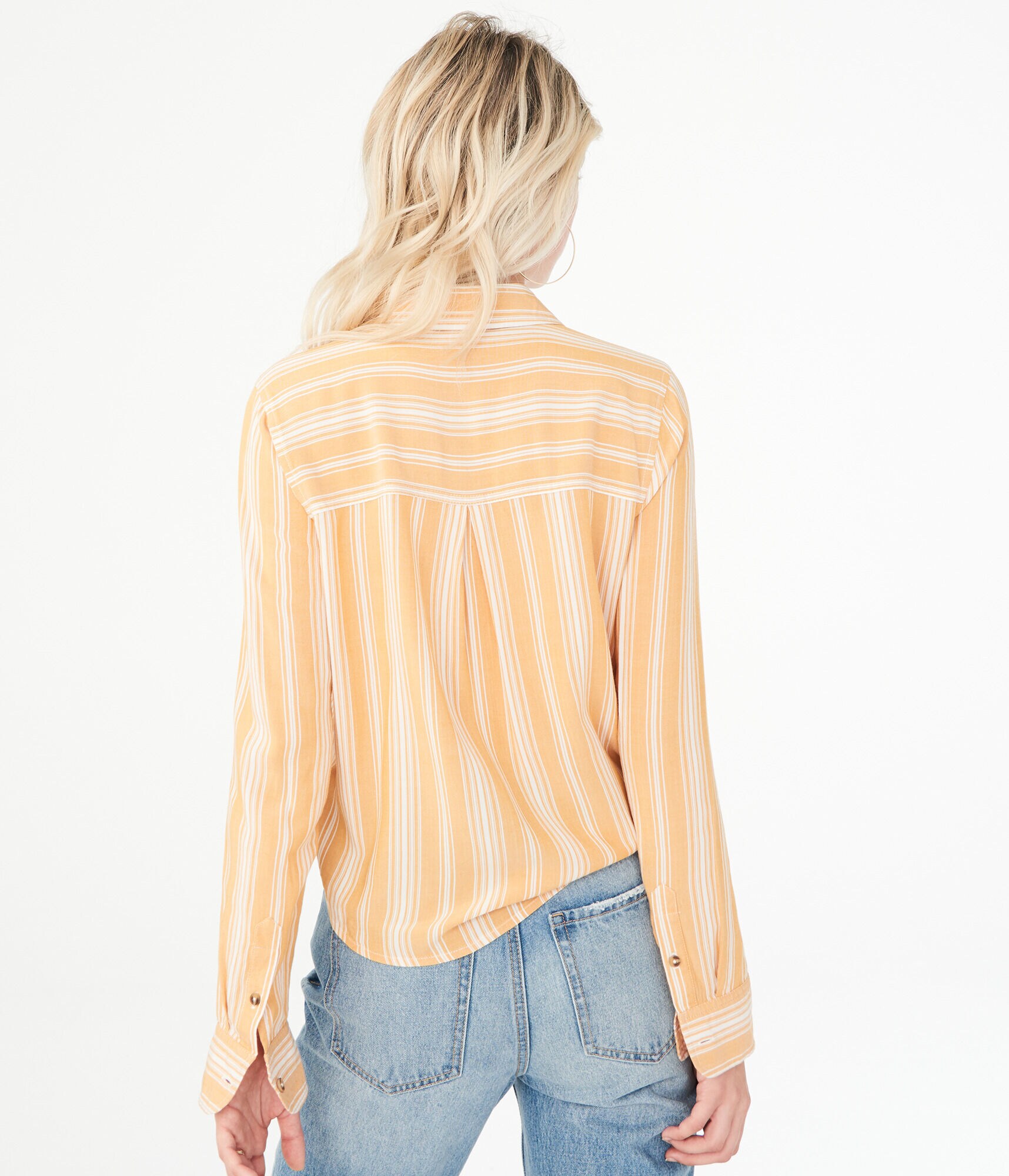 Long Sleeve Striped Tie-Front Button-Down Shirt