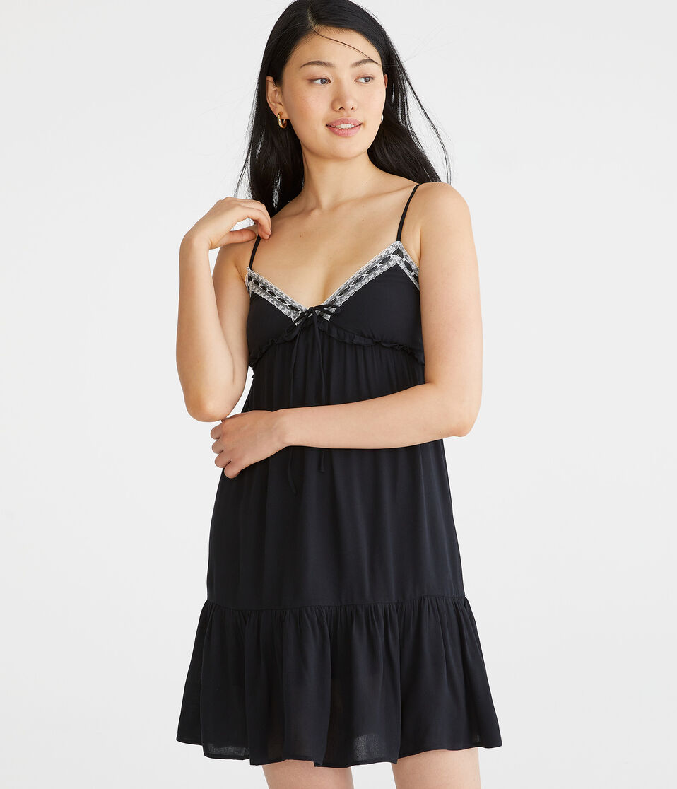 Solid V-Neck Lace-Trimmed Babydoll Dress