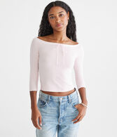 3/4 Sleeve Ribbon Off-The-Shoulder Tee