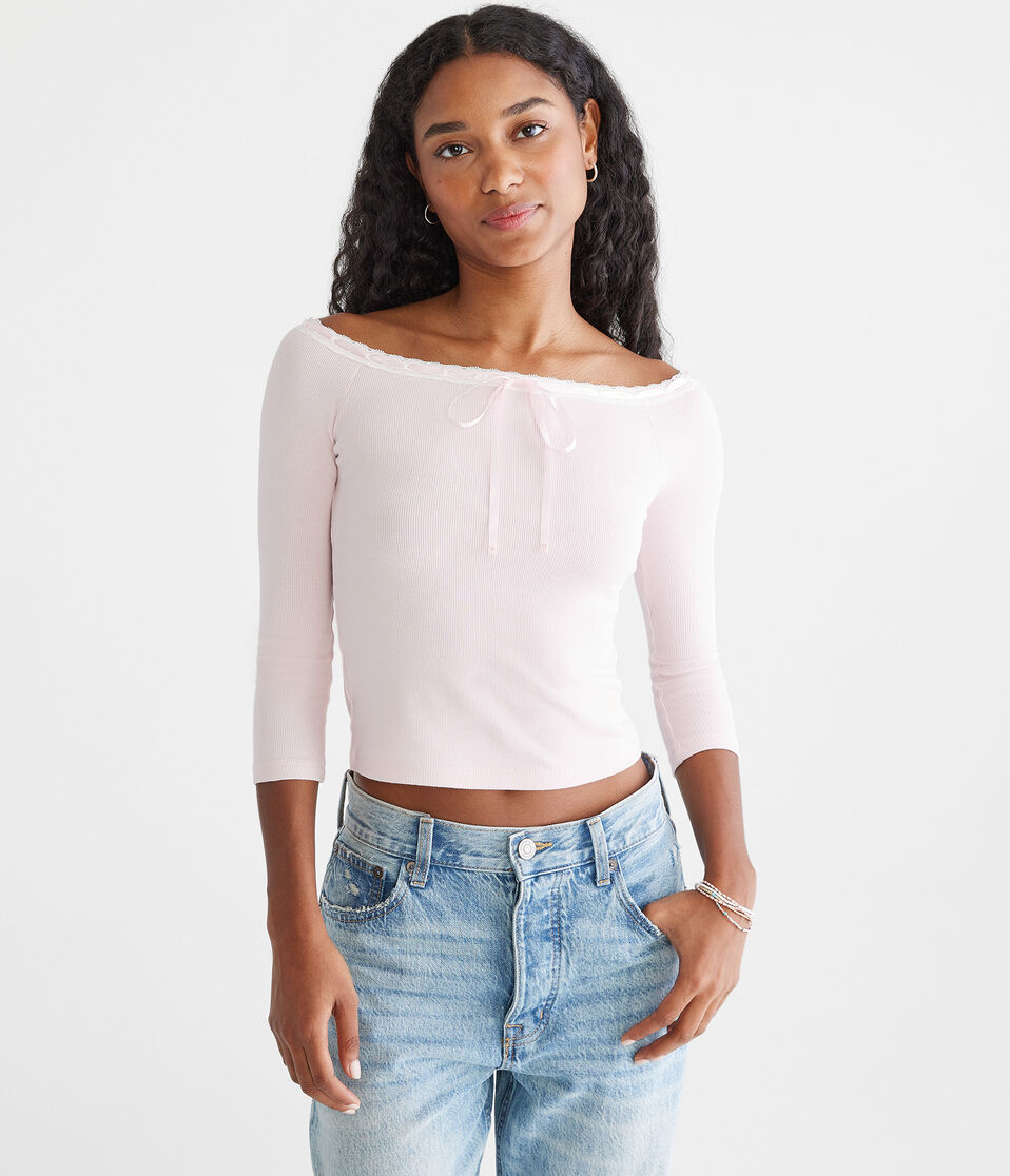 3/4 Sleeve Ribbon Off-The-Shoulder Tee