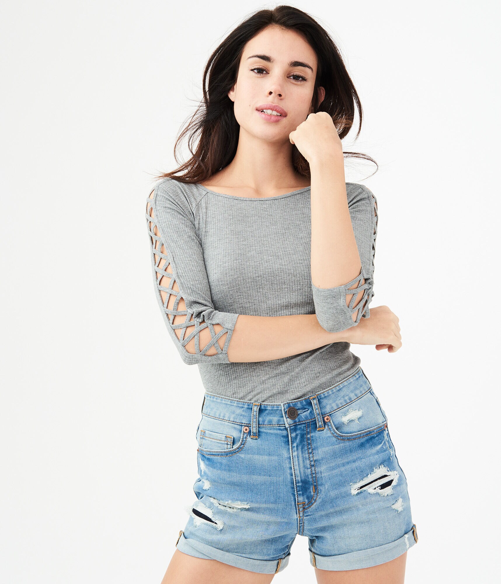 Lattice Sleeve Bodycon Top