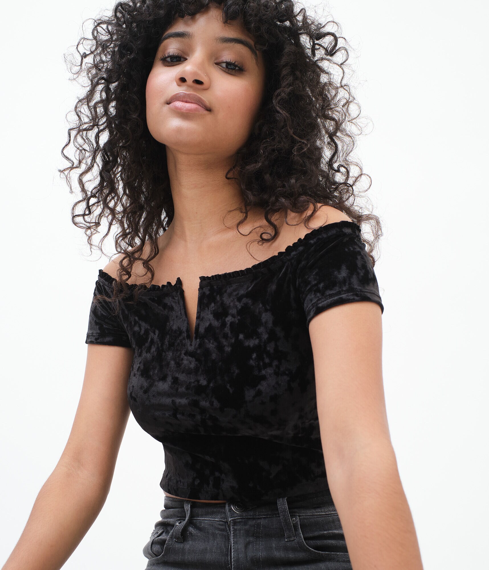 Velvet Off-The-Shoulder Crop Top
