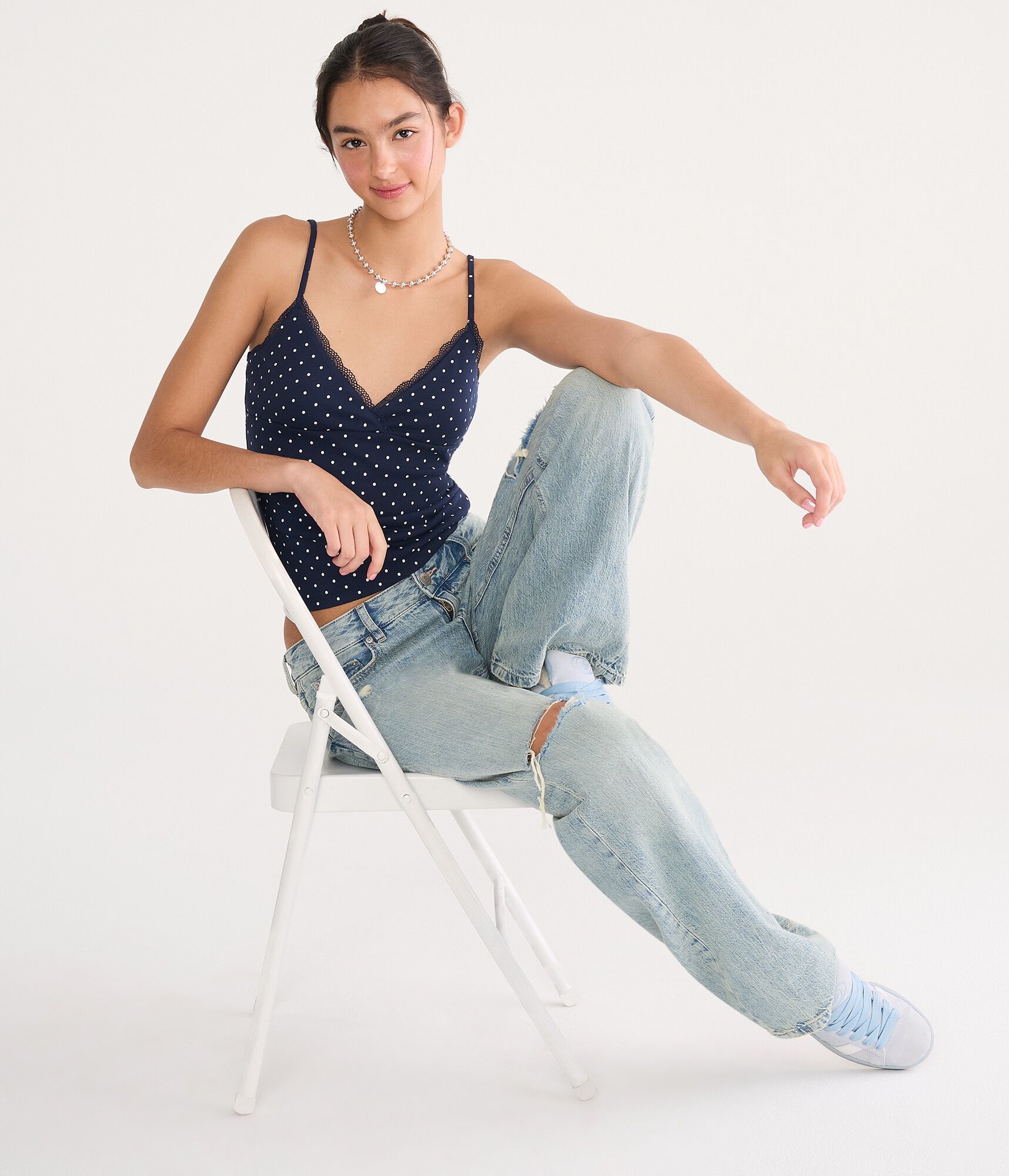 Polka Dot Lace Crisscross V-Neck Cami