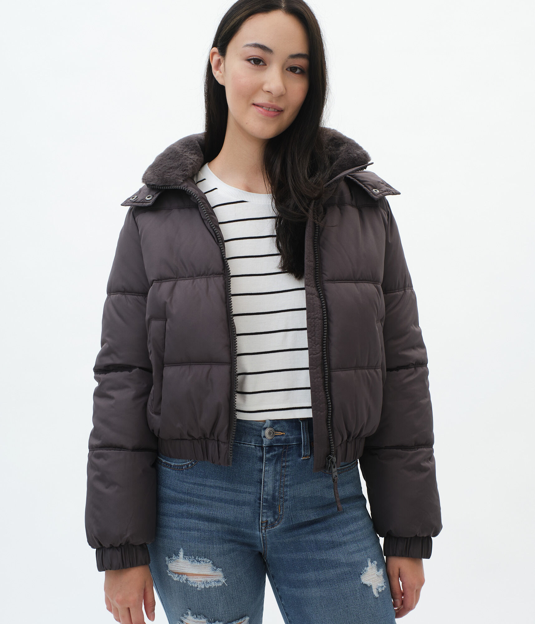 Womens cropped puffer jacket with hood Clearance