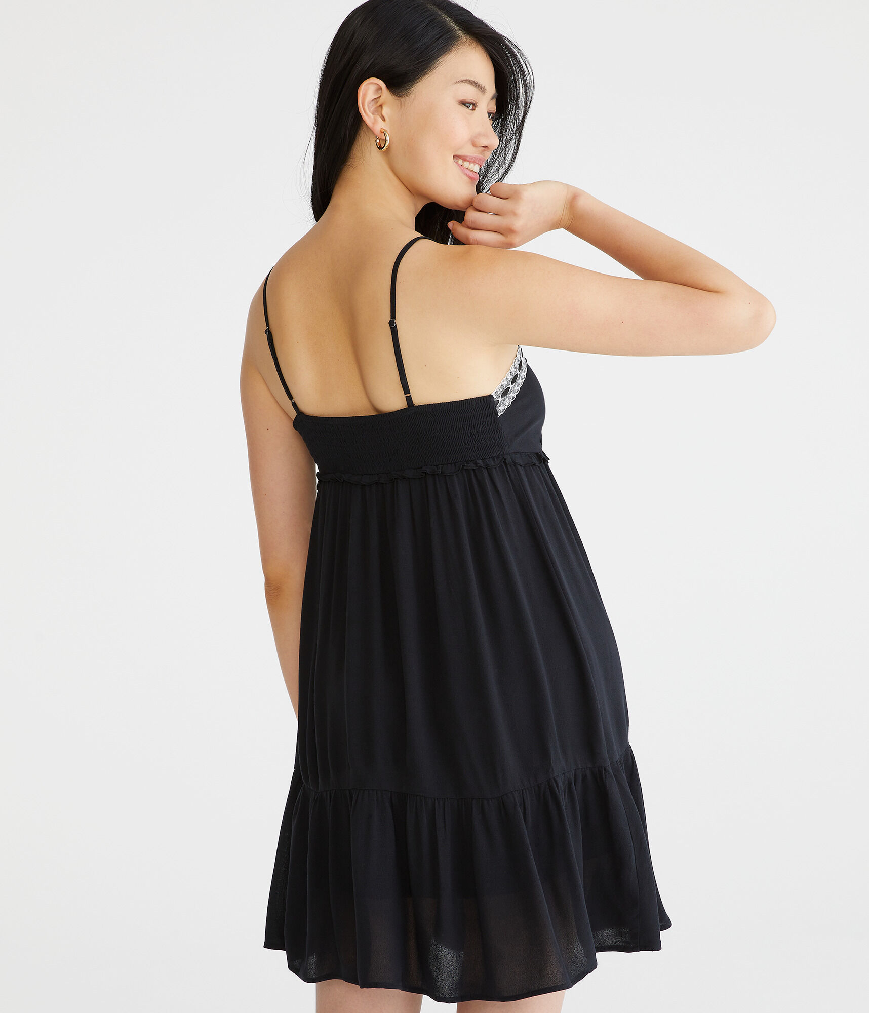 Solid V-Neck Lace-Trimmed Babydoll Dress