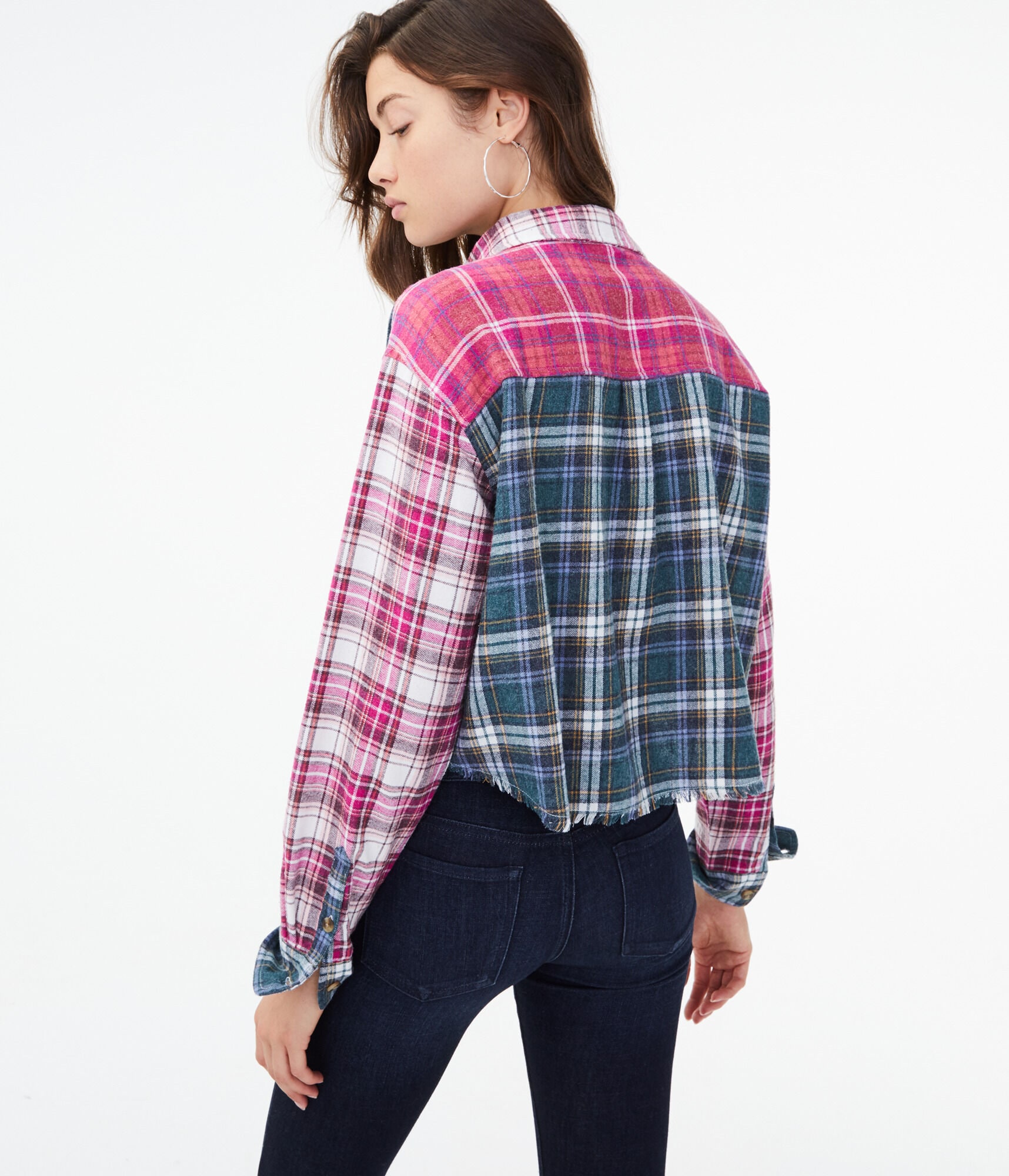 Mixed Plaid Cropped Button-Down Shirt
