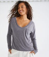 Long Sleeve Washed Loose Fit V-Neck Pocket Tee