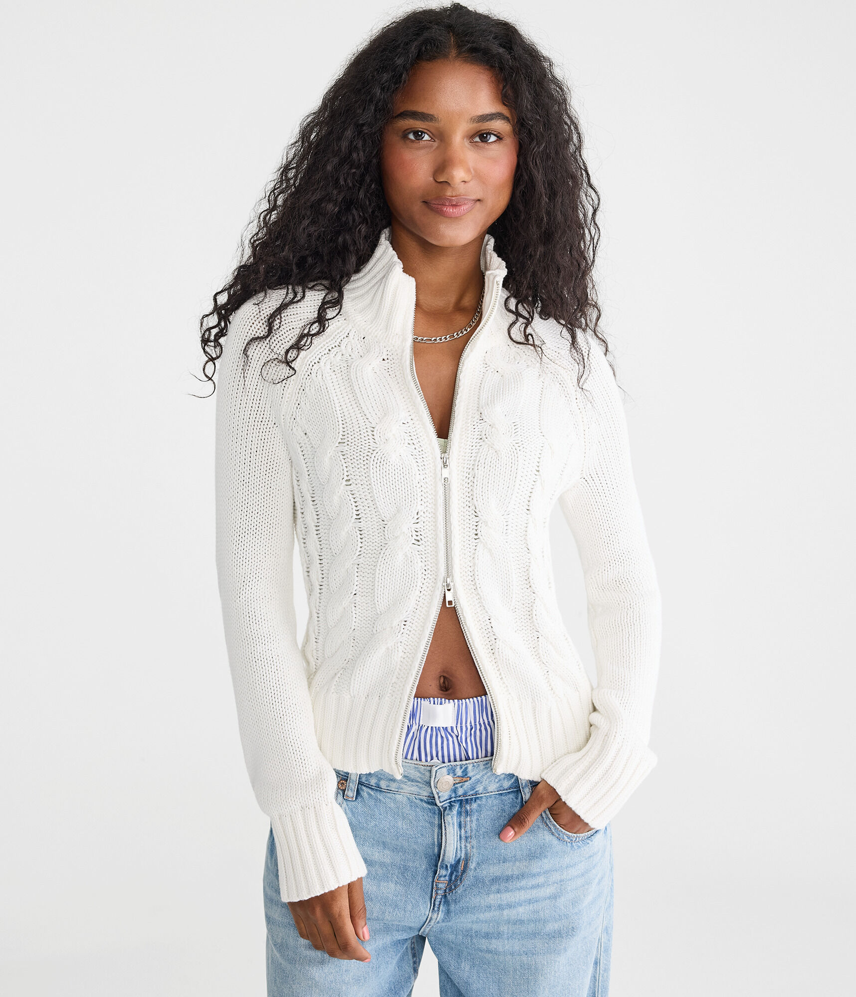Cable Mock-Neck Full-Zip Cardigan