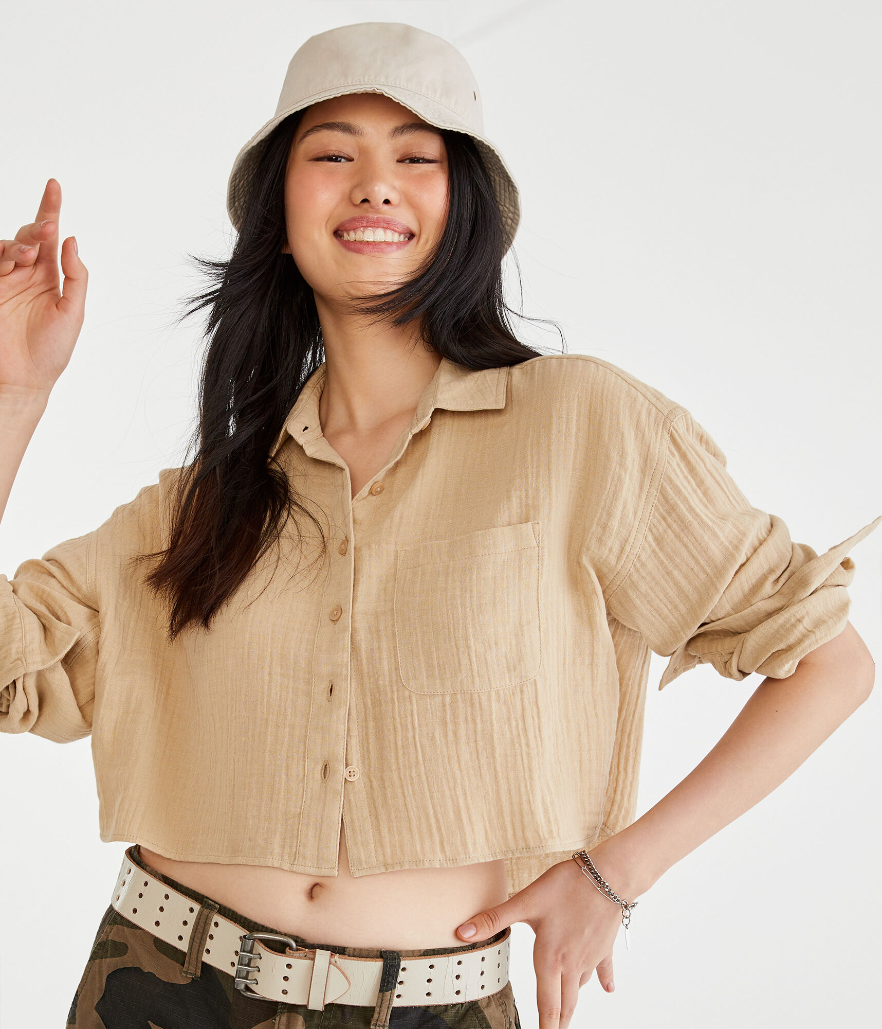 Long Sleeve Gauzy Oversized Cropped Shirt