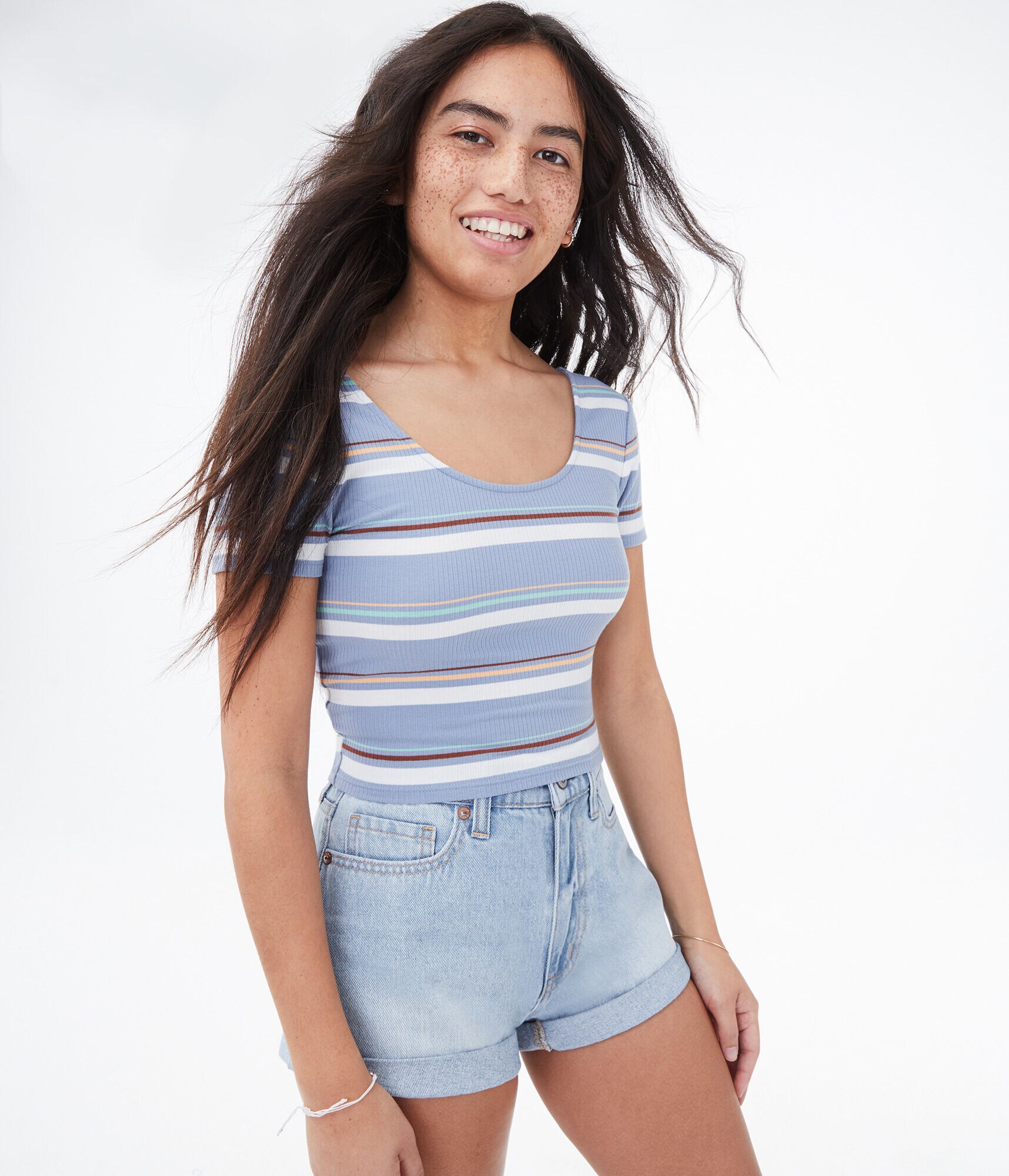 Striped O-Ring Back Cropped Bodycon Tee