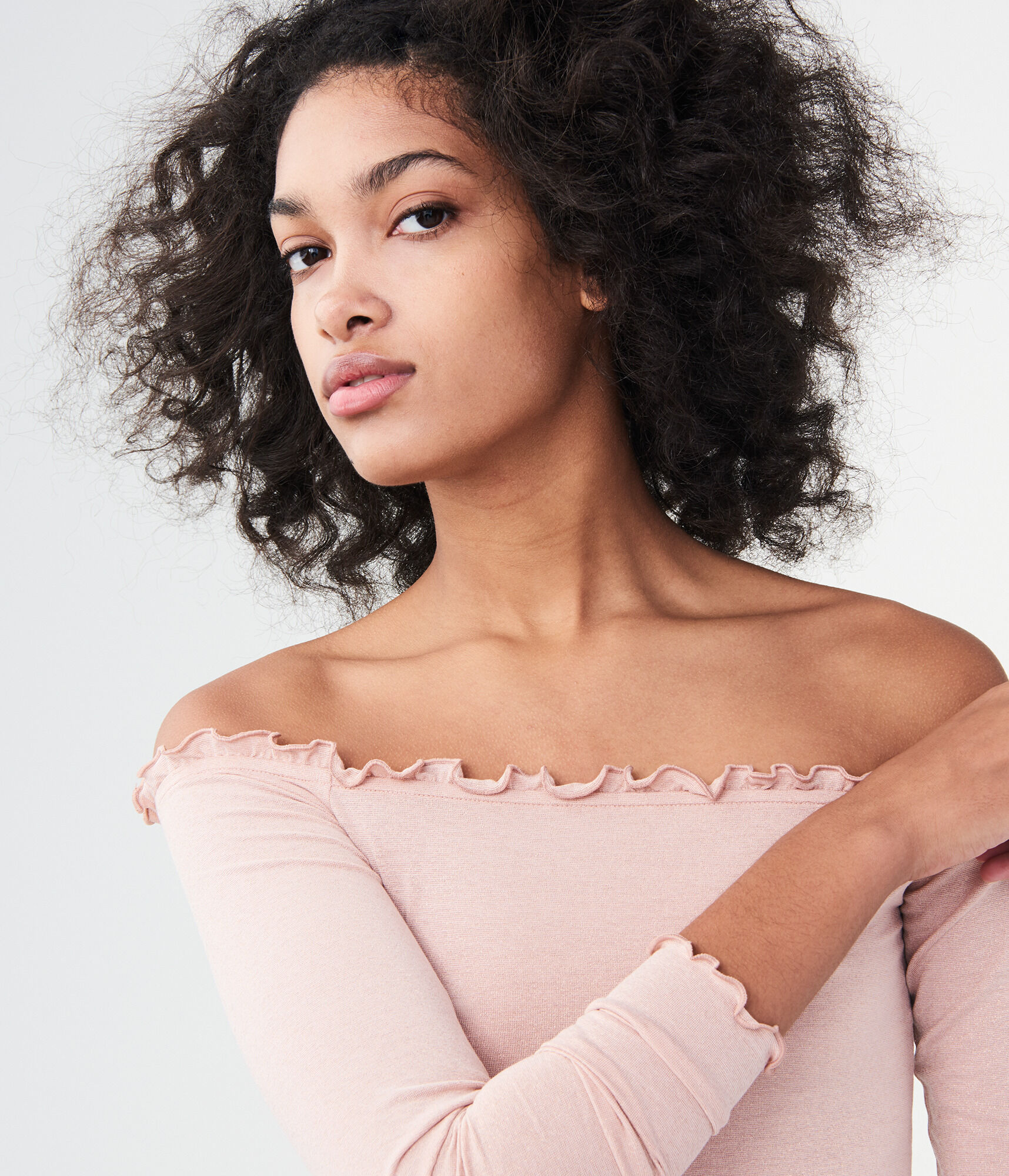 Long Sleeve Sparkle Lettuce-Trim Off-The-Shoulder Top