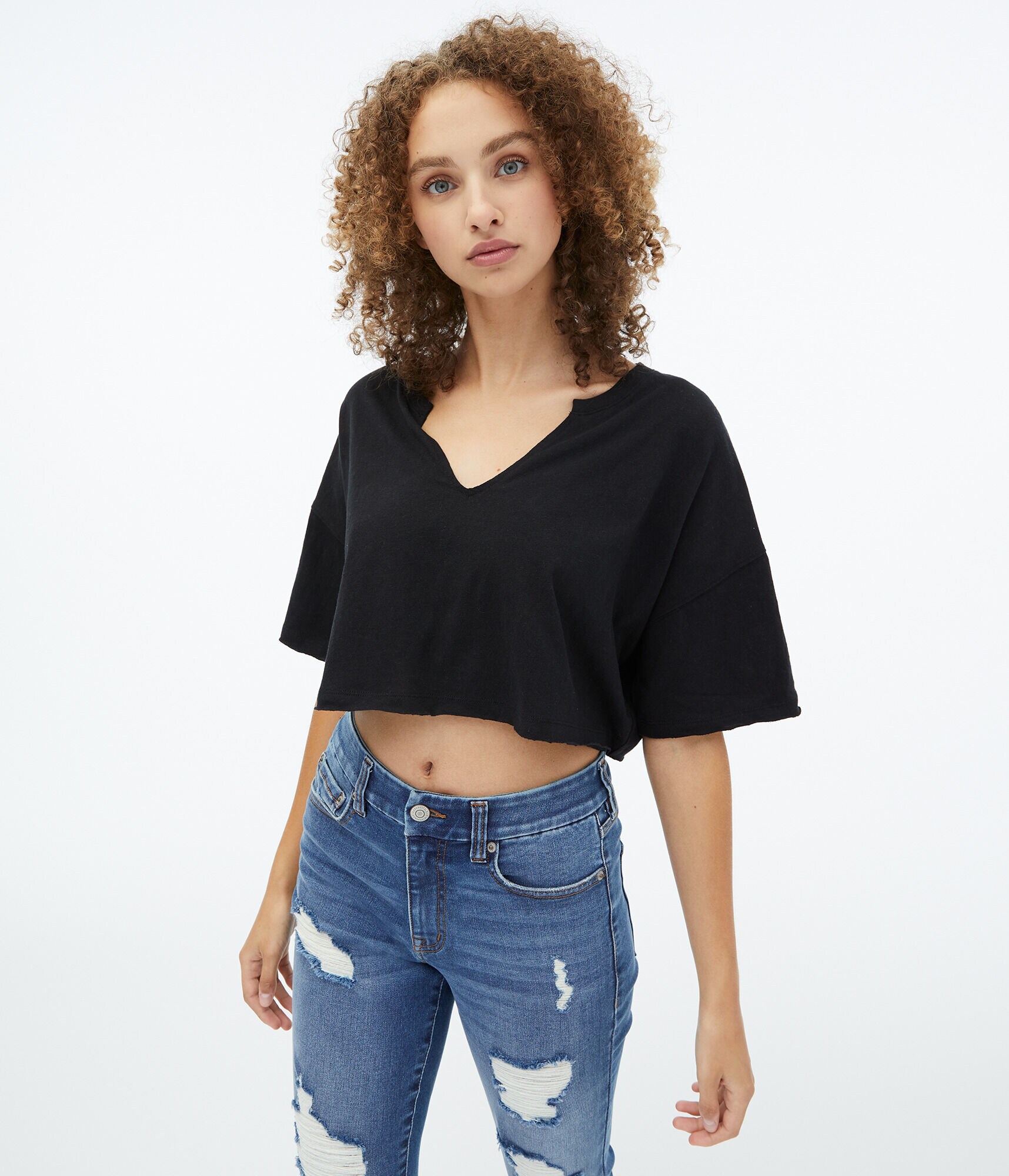 Notch-Neck Cropped Boyfriend Tee