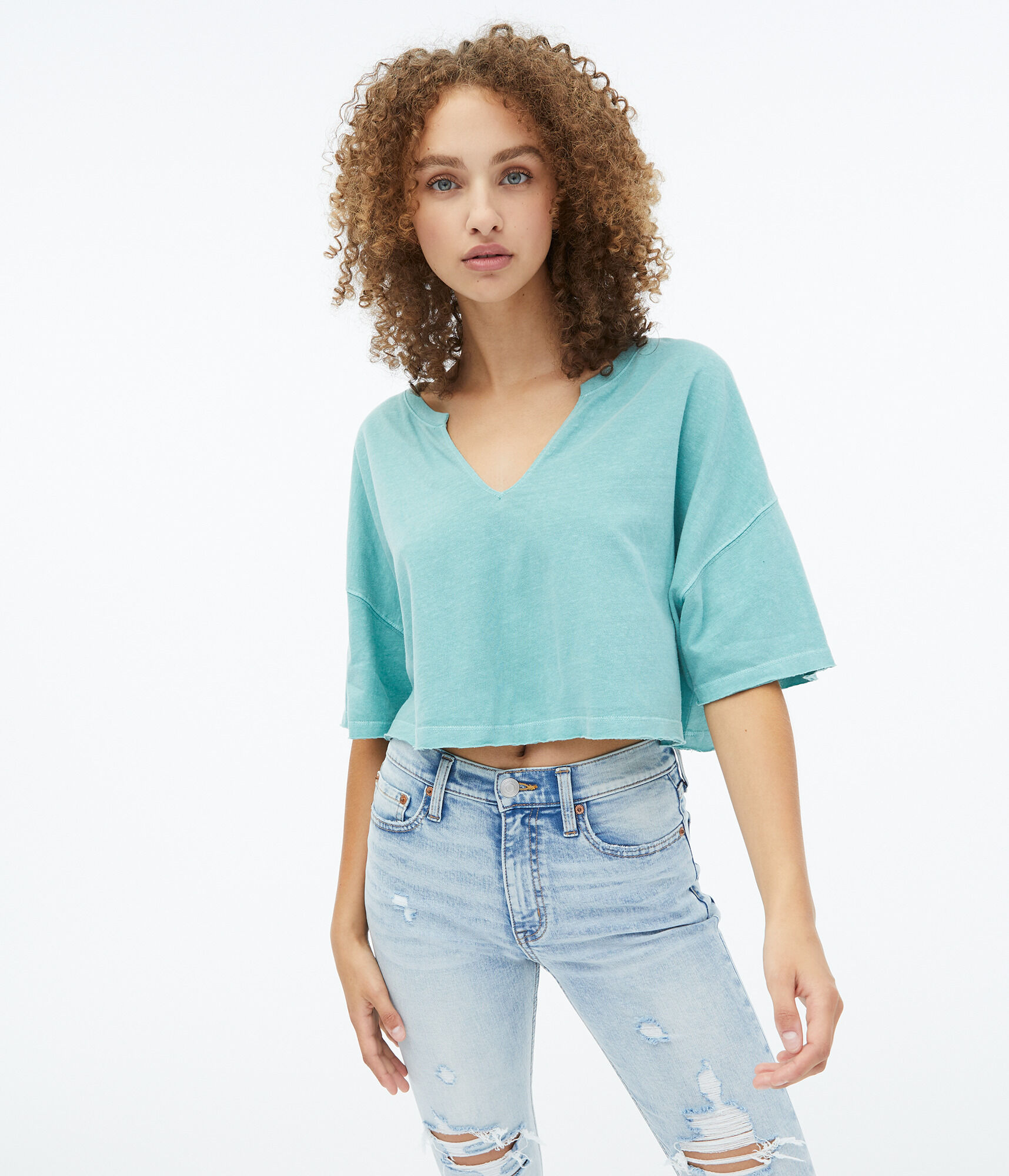 Washed Notch-Neck Cropped Boyfriend Tee