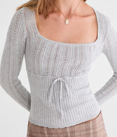 Pointelle Tie-Front Square-Neck Sweater