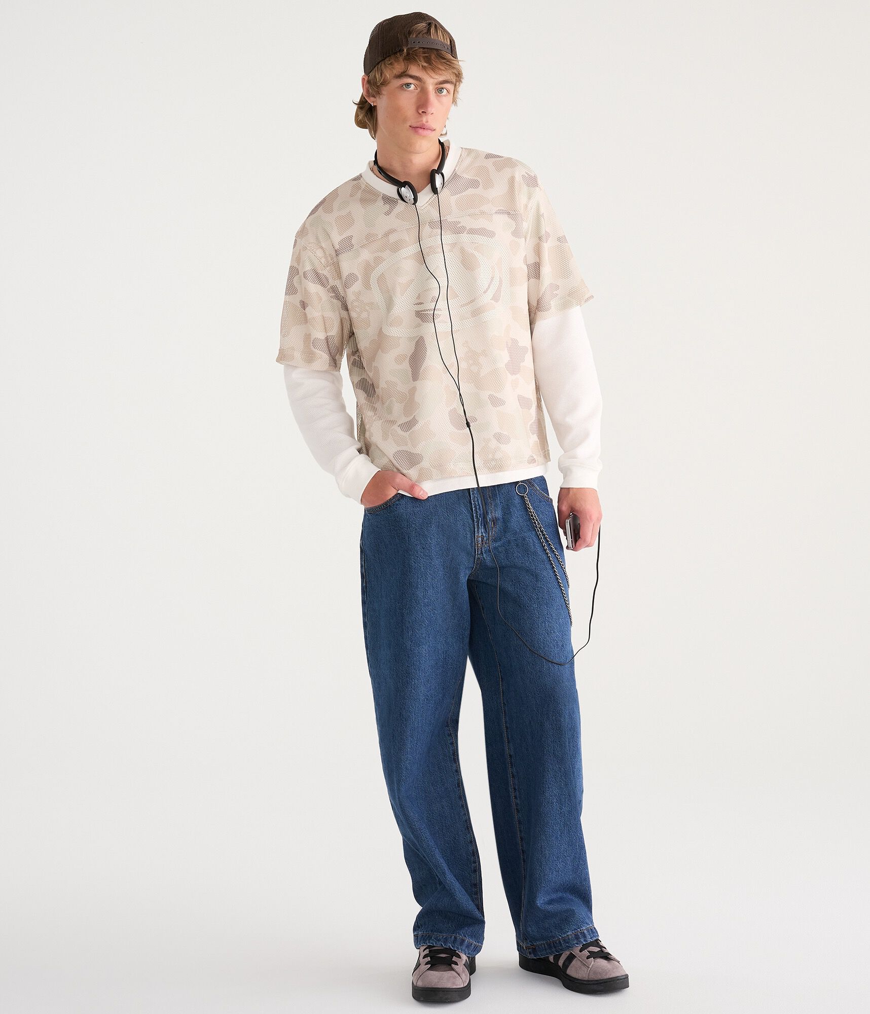 Long Sleeve Skull Camo Boxy Mesh Jersey 2-Fer Tee