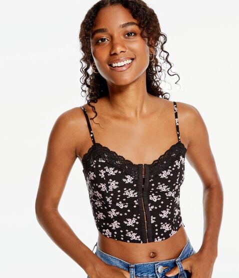 Floral Lace-Trim Cropped Corset Cami