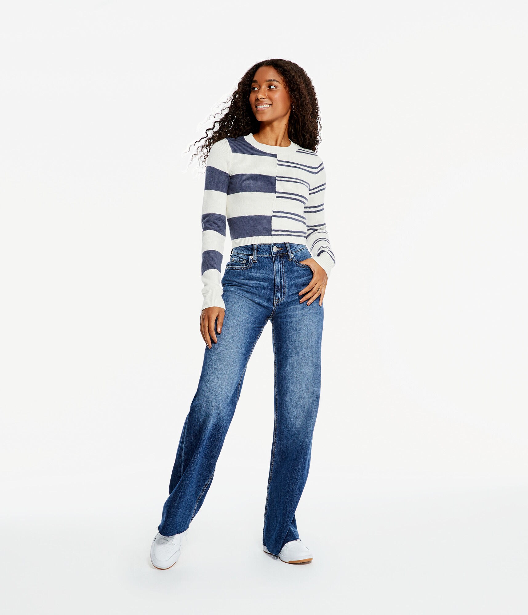 Spliced Stripe Cropped Crew Sweater