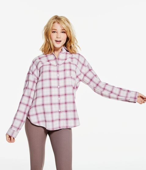 Long Sleeve Oversized Plaid Flannel Button-Down Shirt