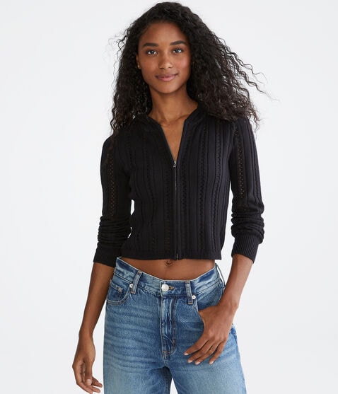 Pointelle Cropped Zip-Front Hooded Sweater Pointelle Cropped Zip-Front Hooded Sweater