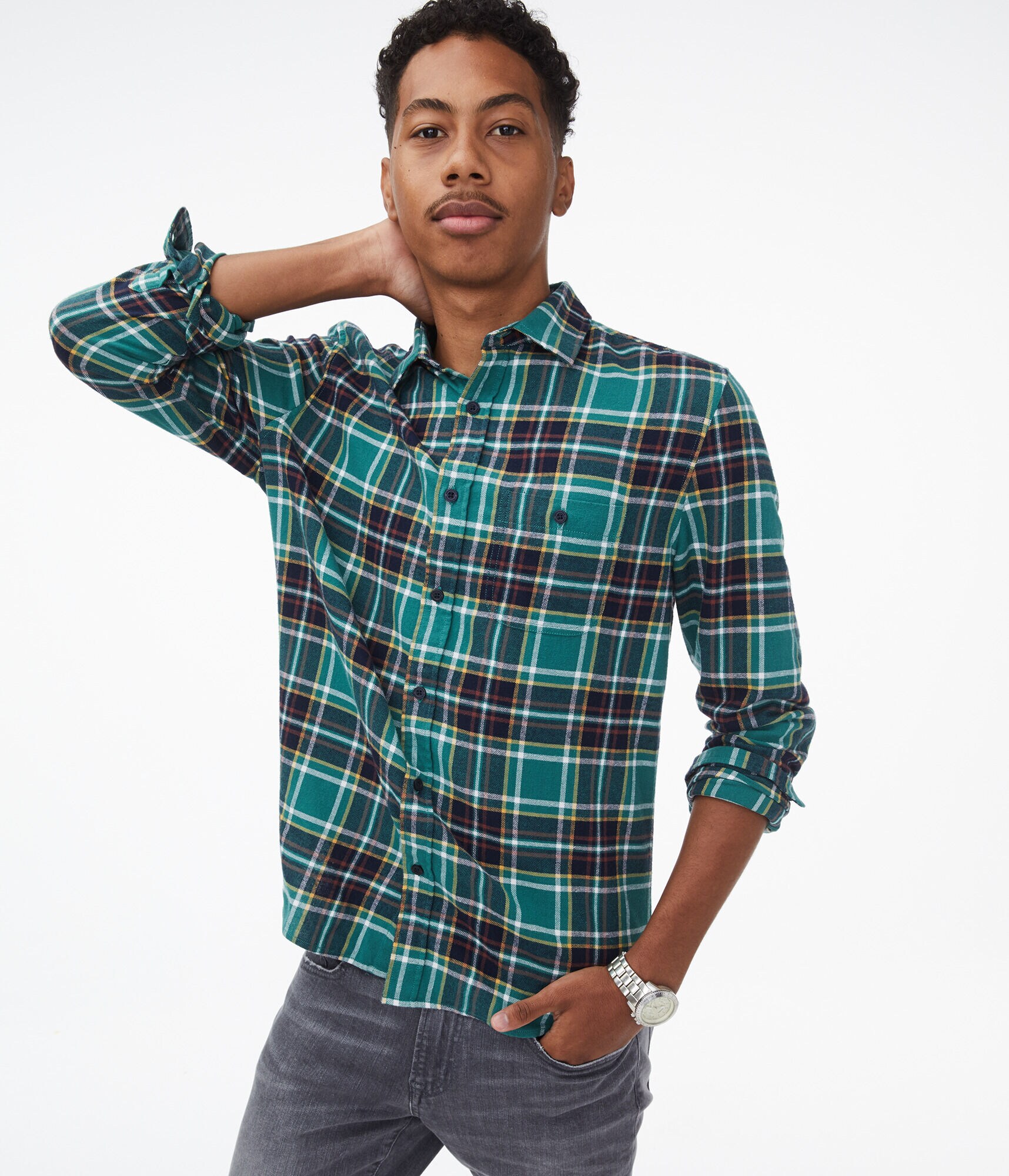 Long Sleeve Plaid Button-Down Shirt