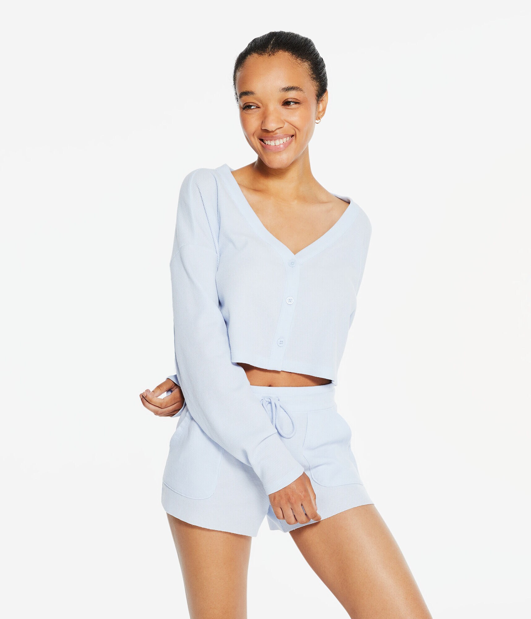 Waffle-Knit Cropped Sleep Cardigan