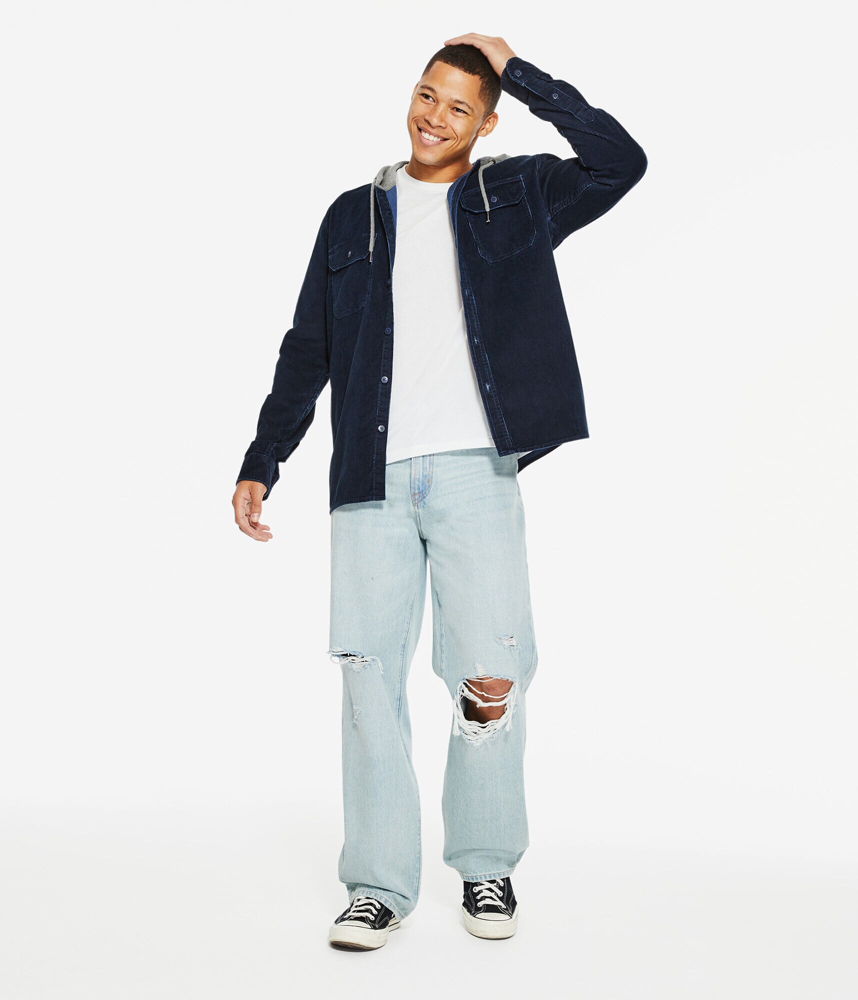 Long Sleeve Hooded Corduroy Button-Down Shirt