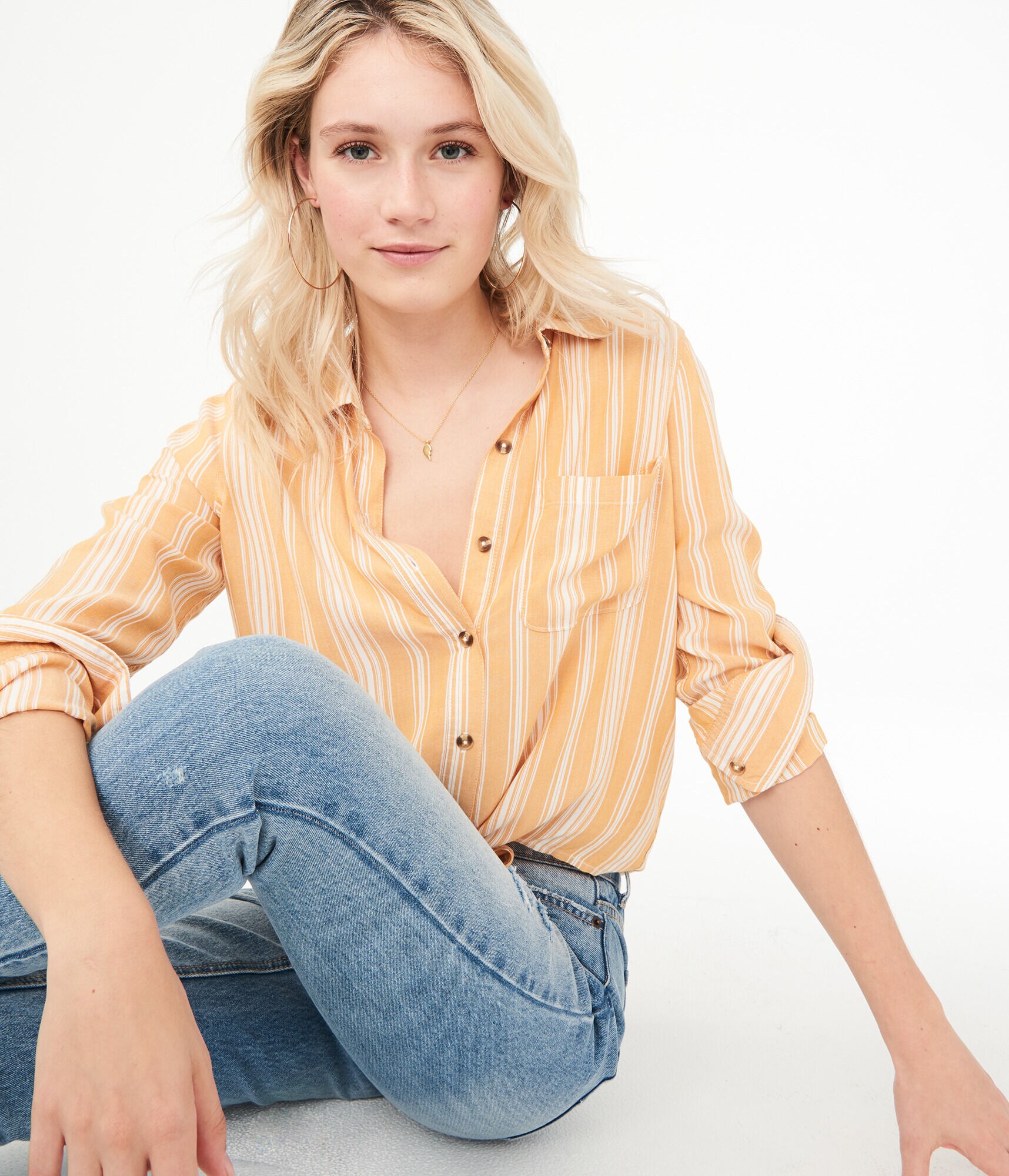Long Sleeve Striped Tie-Front Button-Down Shirt