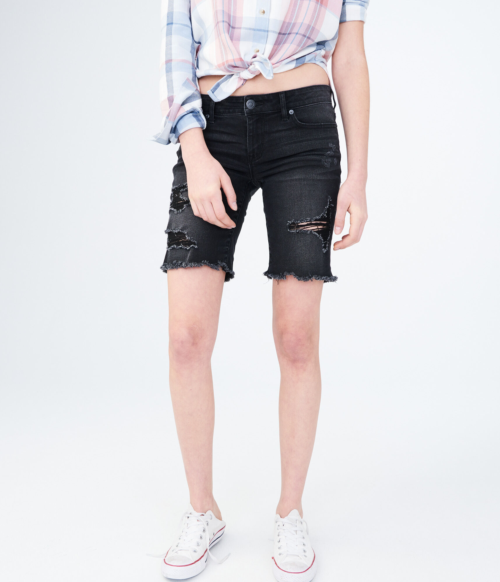 destroyed denim bermuda shorts