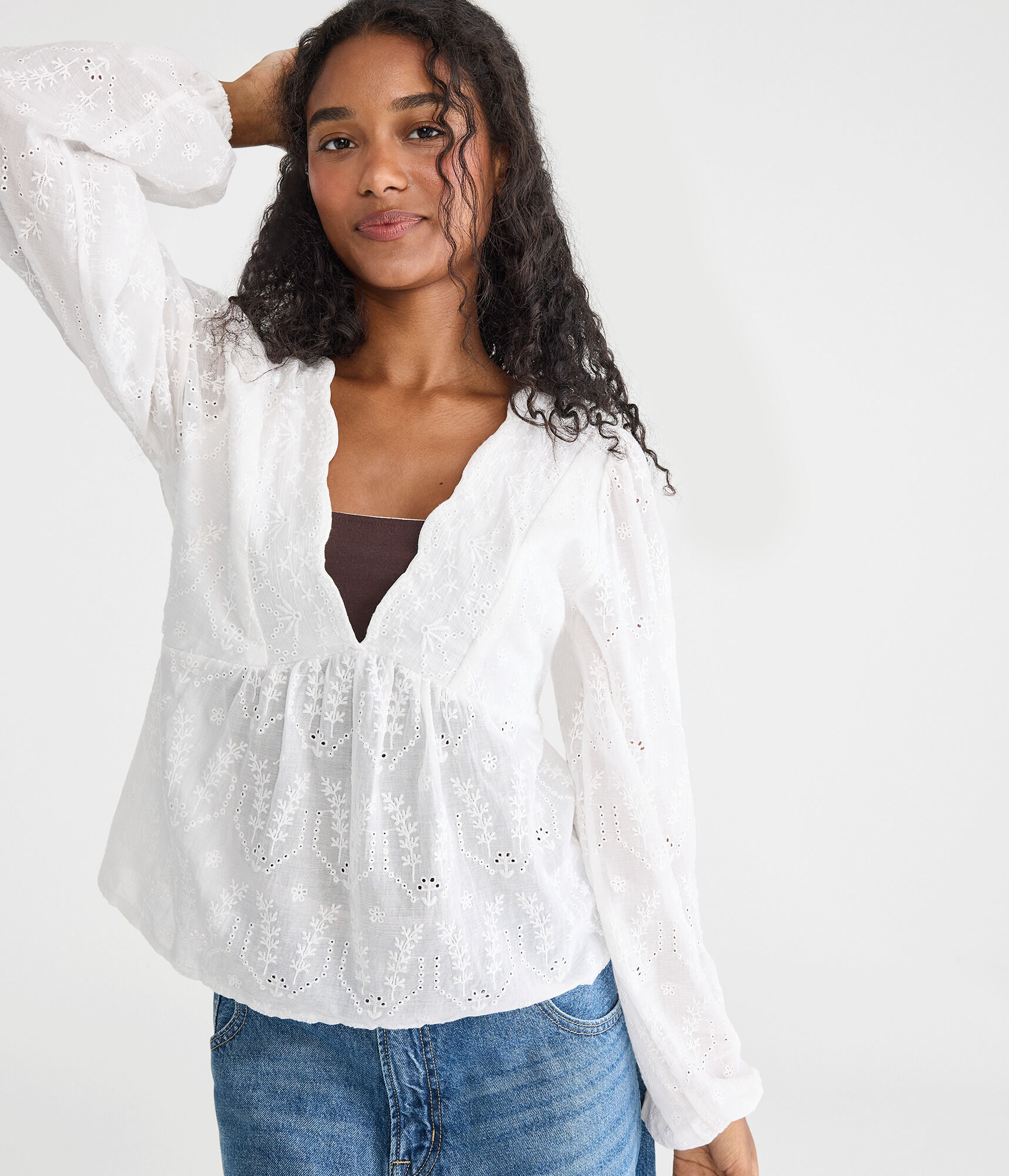 Long Sleeve Eyelet V-Neck Babydoll Blouse