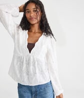 Long Sleeve Eyelet V-Neck Babydoll Blouse