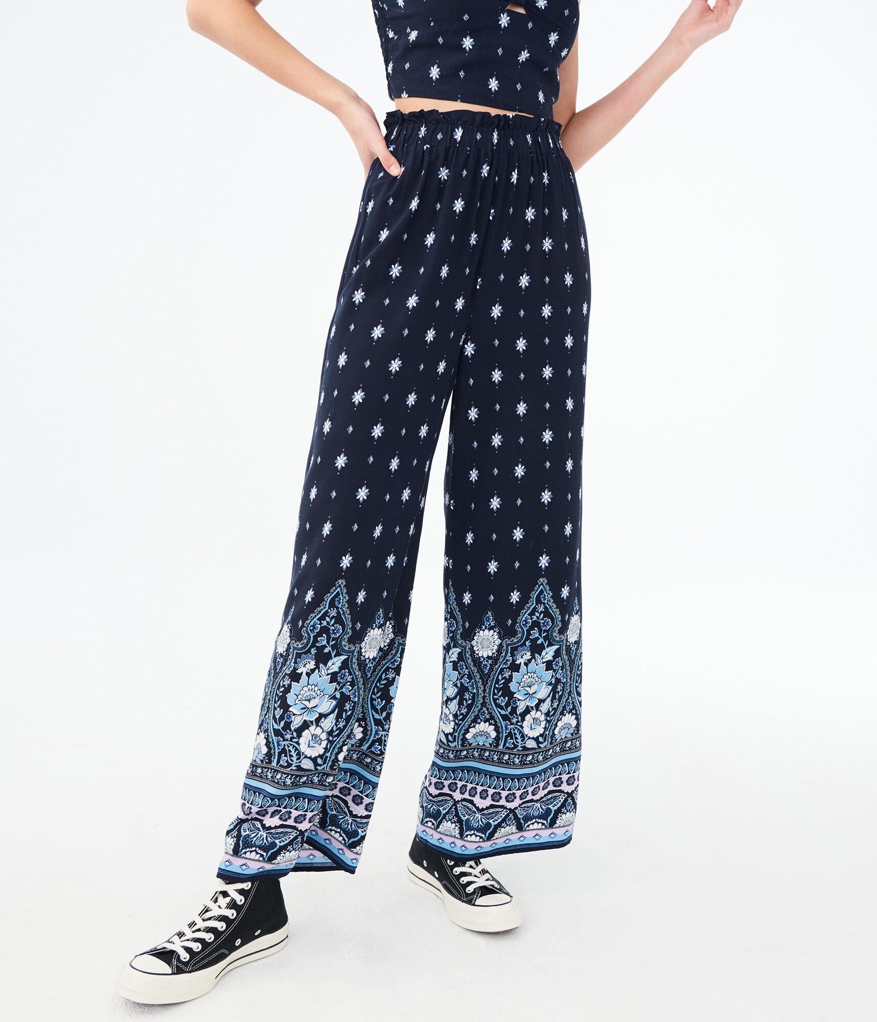 High-Waisted Floral Border Wide-Leg Pants