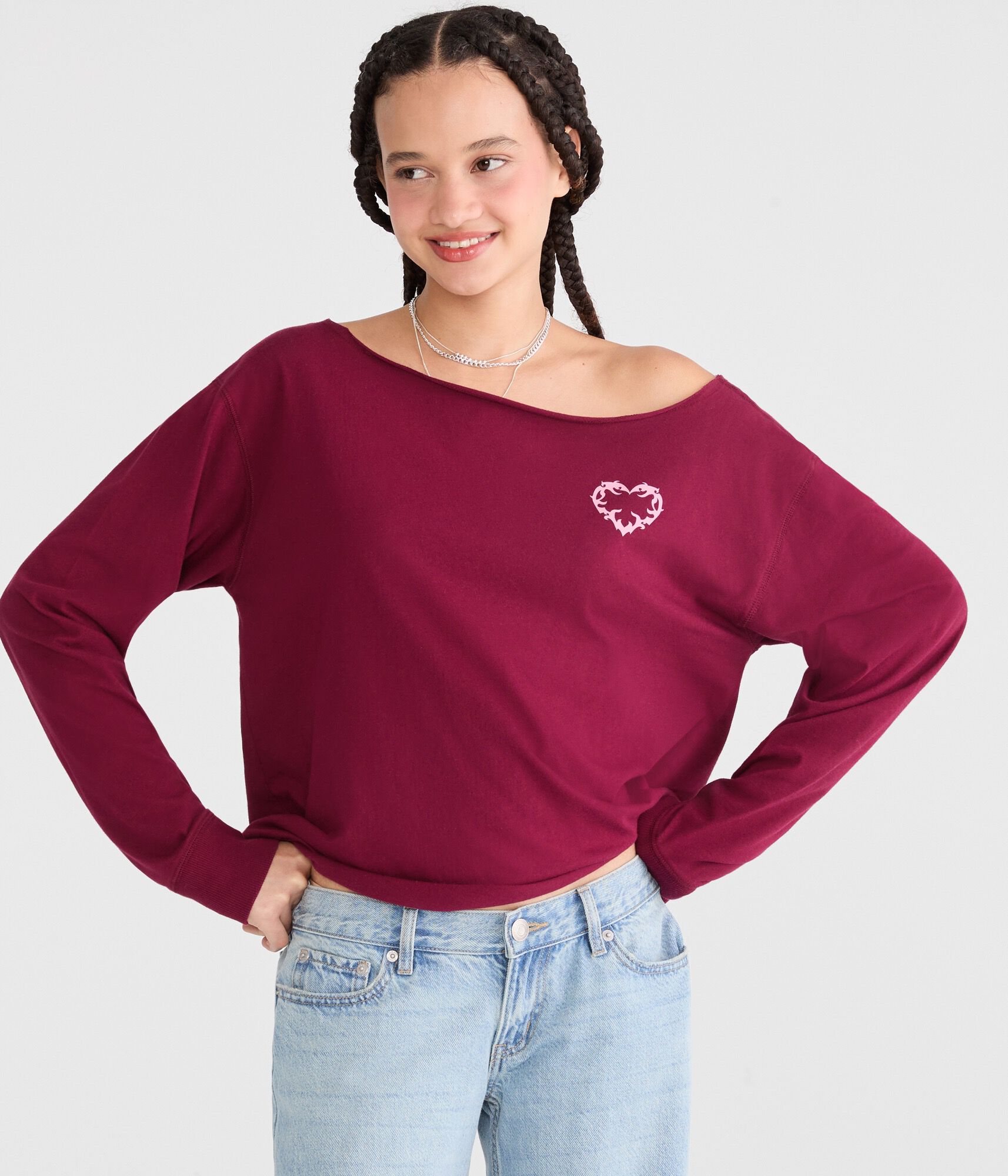 Long Sleeve Heart Off-The-Shoulder Vintage Fit Graphic Tee