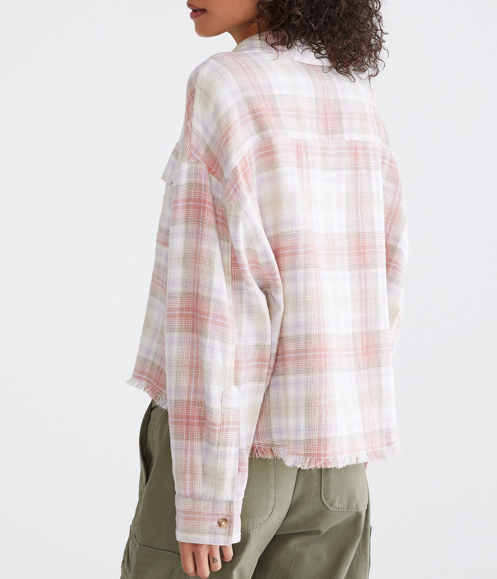 Long Sleeve Distressed Plaid Flannel Shirt