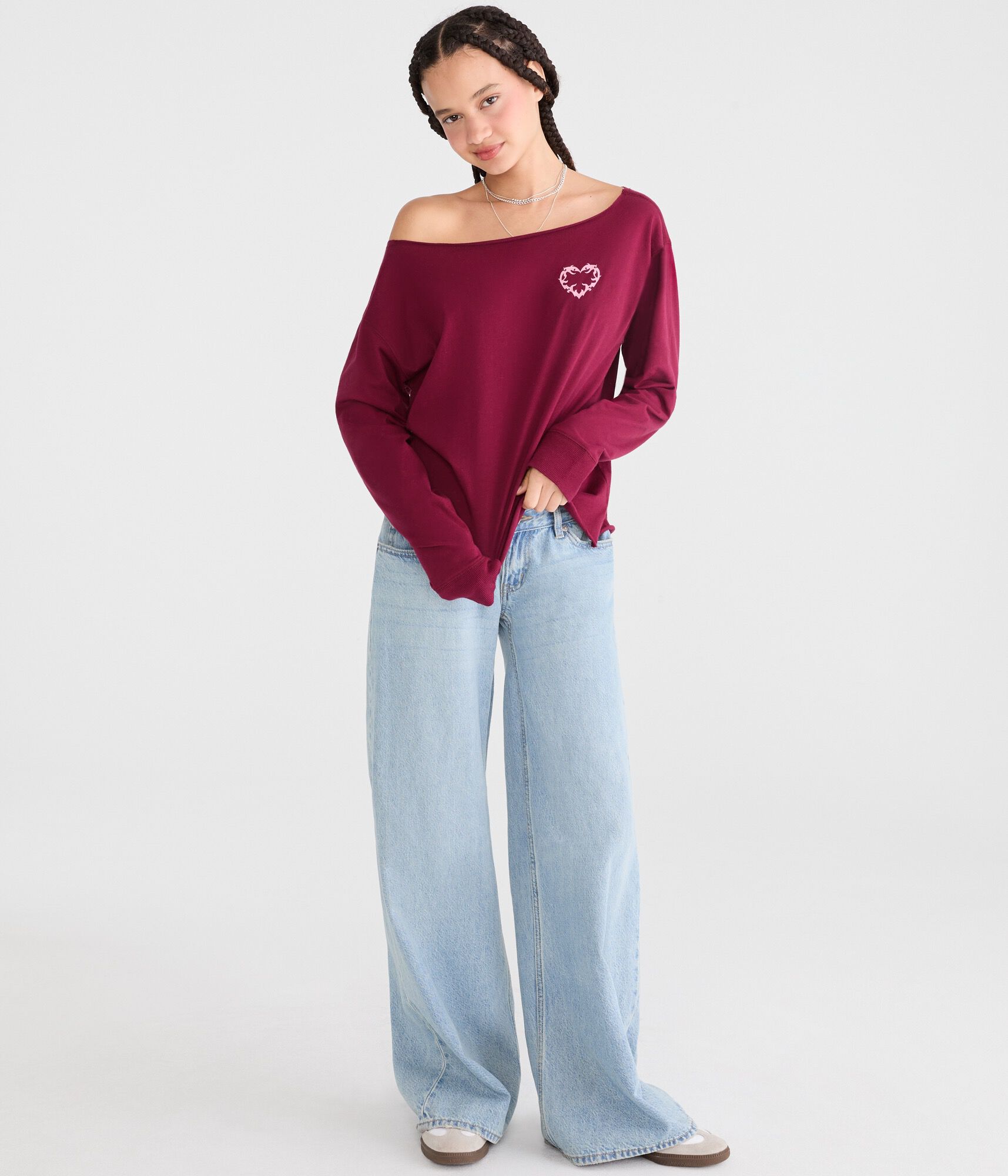Long Sleeve Heart Off-The-Shoulder Vintage Fit Graphic Tee