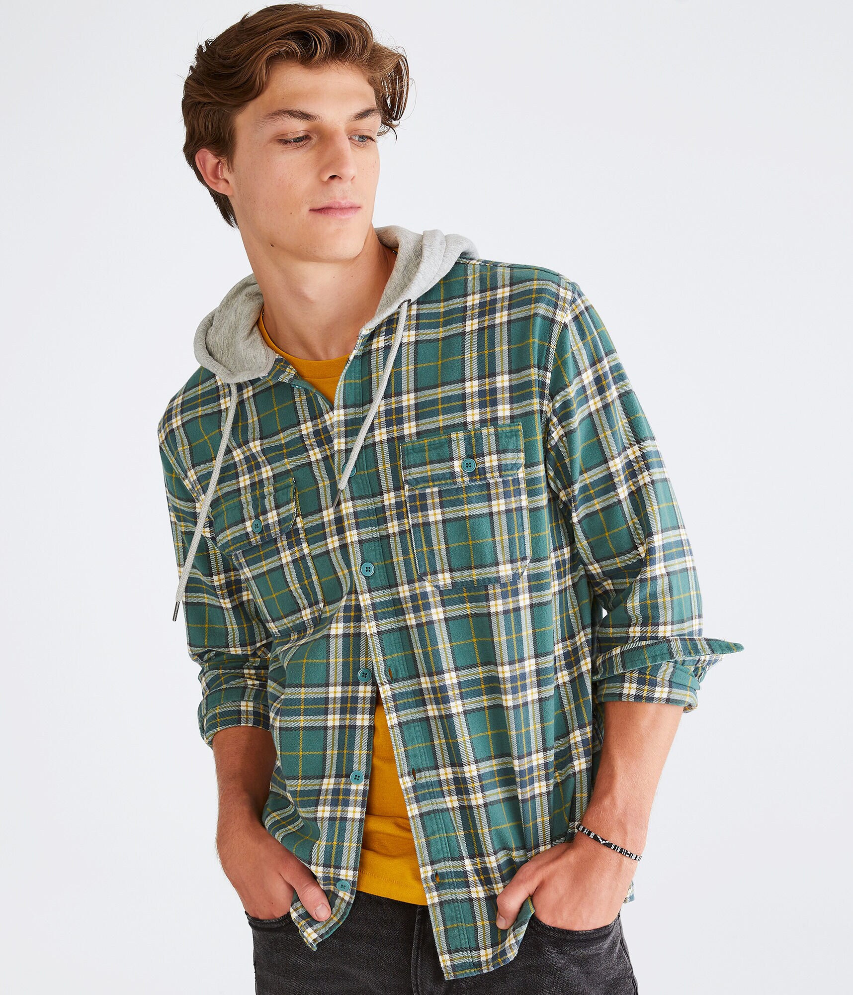 Long Sleeve Plaid Hooded Flannel Shirt