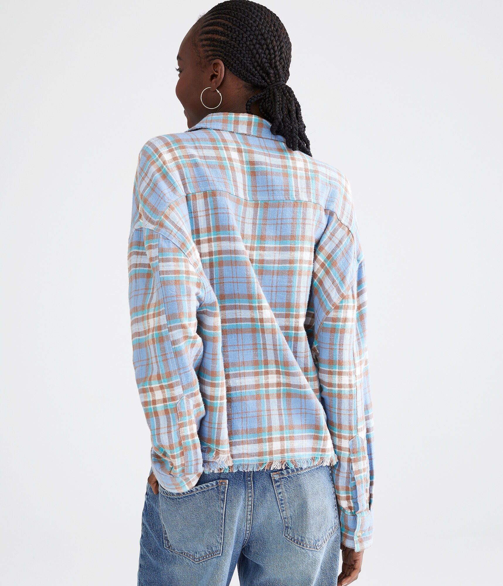 Long Sleeve Distressed Plaid Flannel Shirt