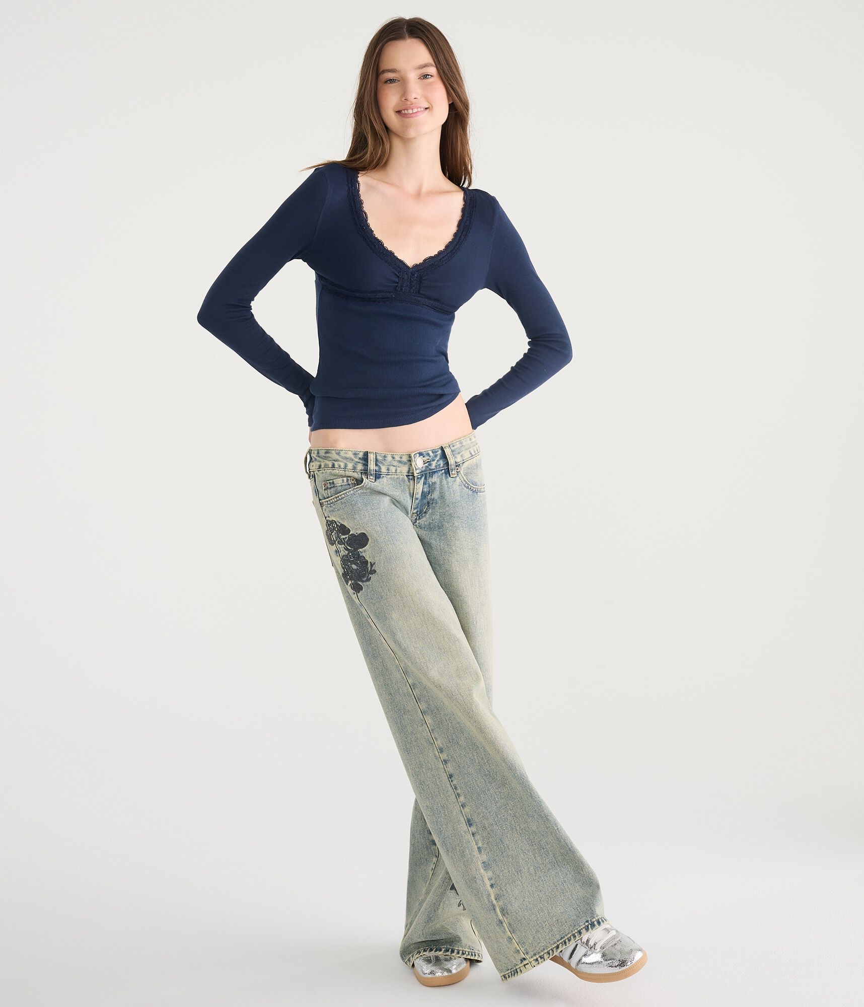 Long Sleeve Seriously Soft Y2K Lace V-Neck Tee
