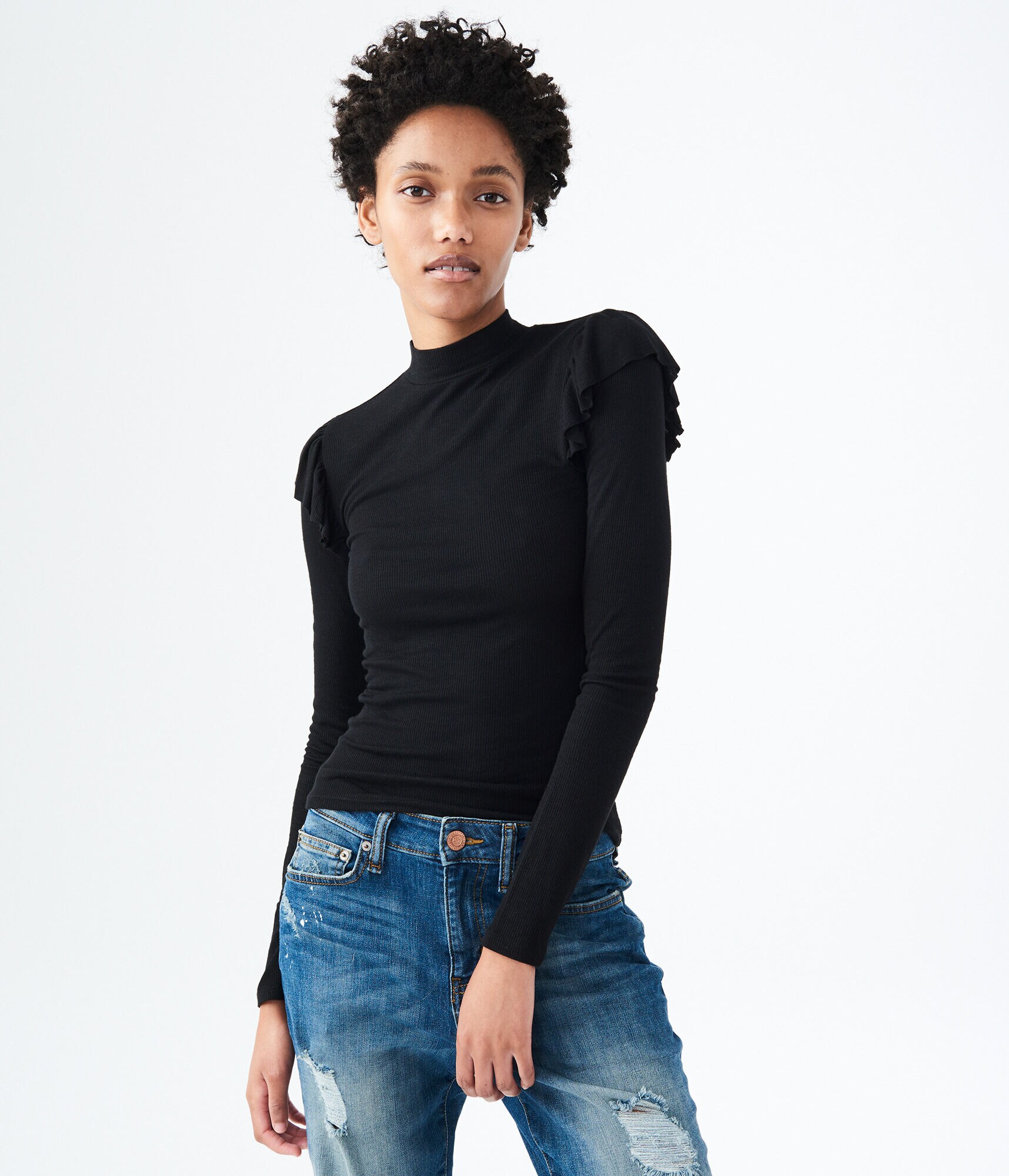 Long Sleeve Ruffled Mock-Neck Top