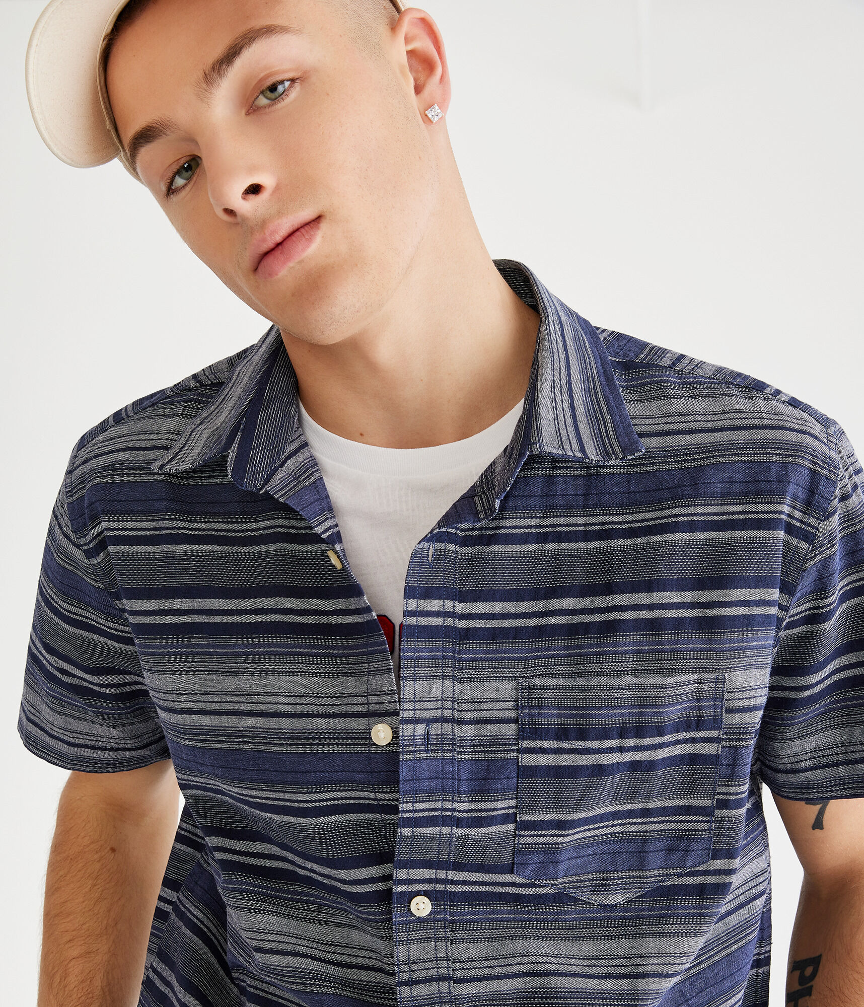 Horizontal Stripes Relaxed Hemp Button-Down Shirt