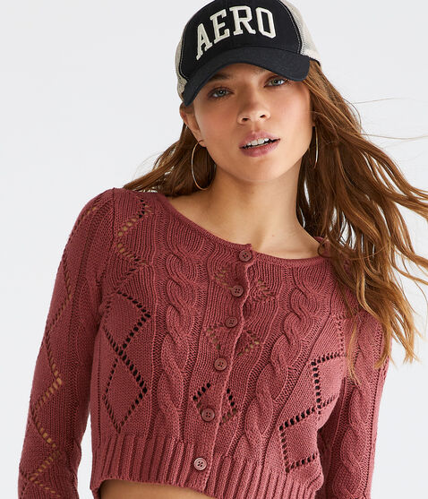 Long Sleeve Cropped Pointelle Cardigan