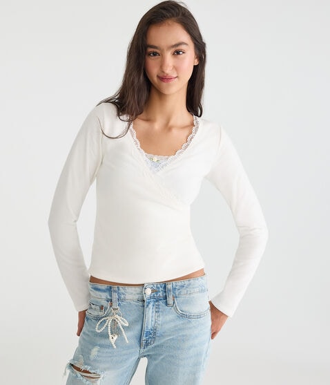 Long Sleeve Crossover Lace V-Neck Tee Long Sleeve Crossover Lace V-Neck Tee