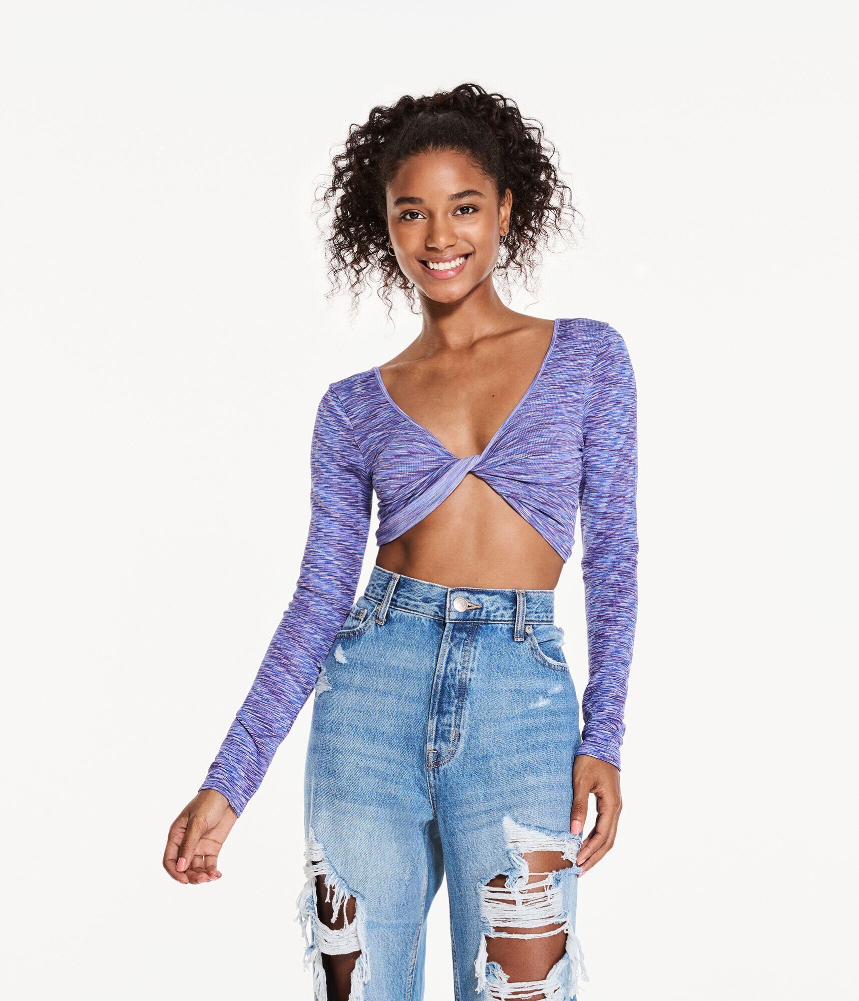 Long Sleeve Marled Seamless Wear 3 Ways Crop Top