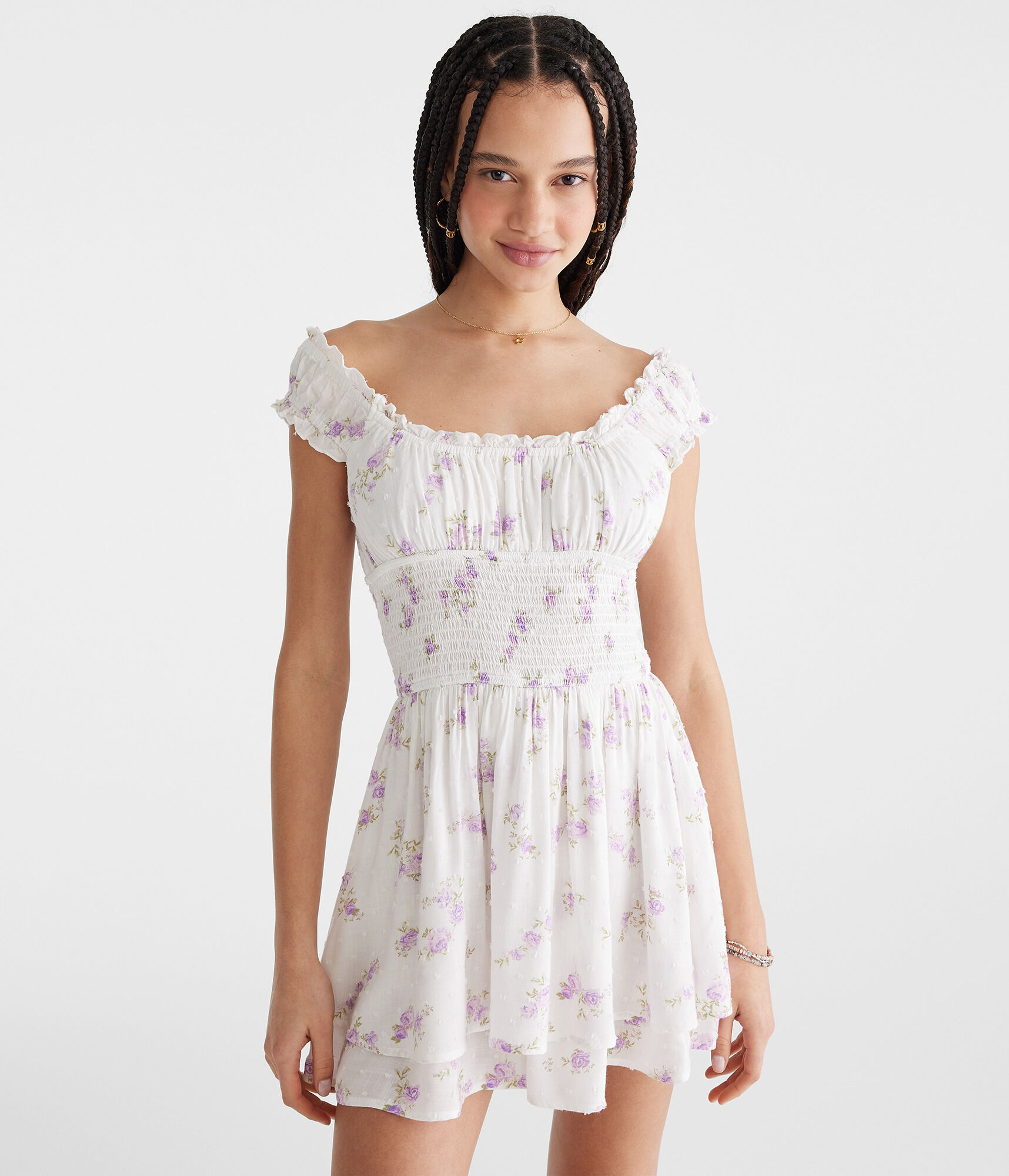 Floral Clip Dot Off-The-Shoulder Romper