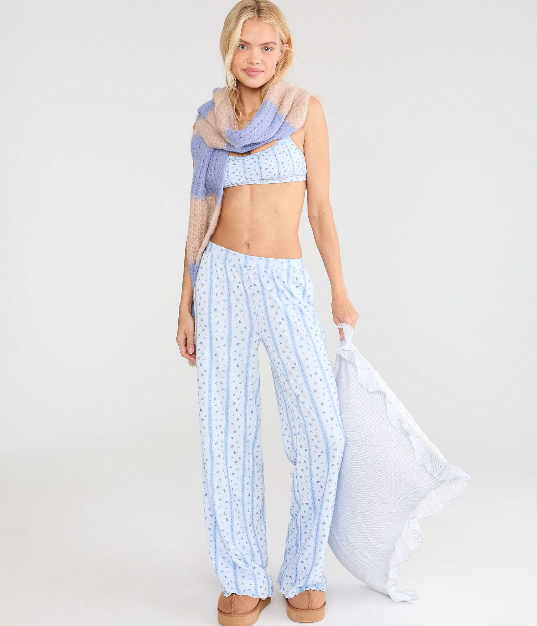 Floral Stripe Pointelle Straight Leg Sleep Pants