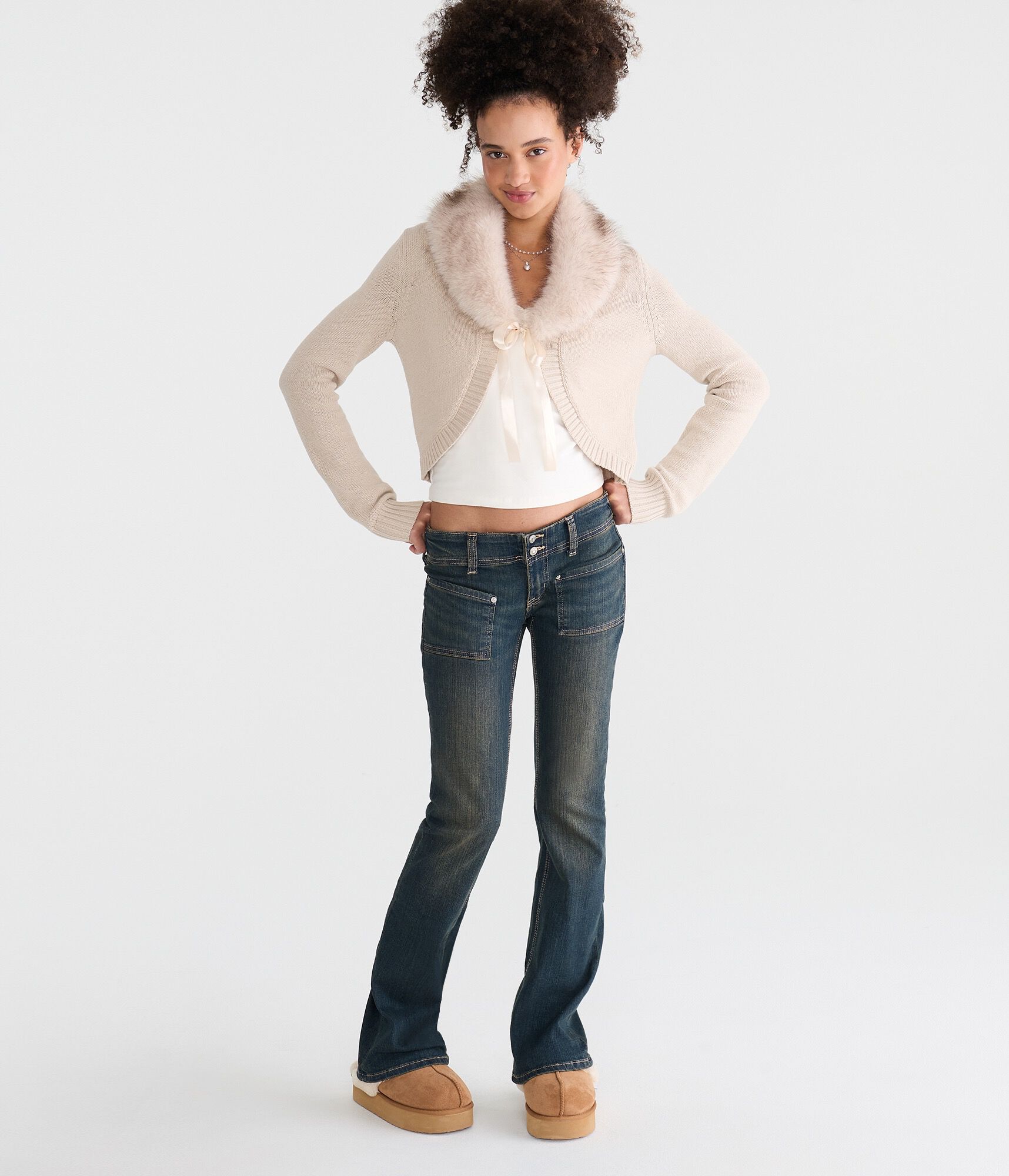 Long Sleeve Faux Fur-Trimmed Sweater Shrug
