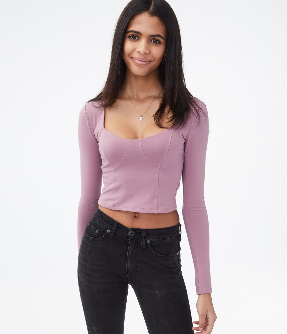 Long Sleeve Seamed Cup Bodycon Crop Top