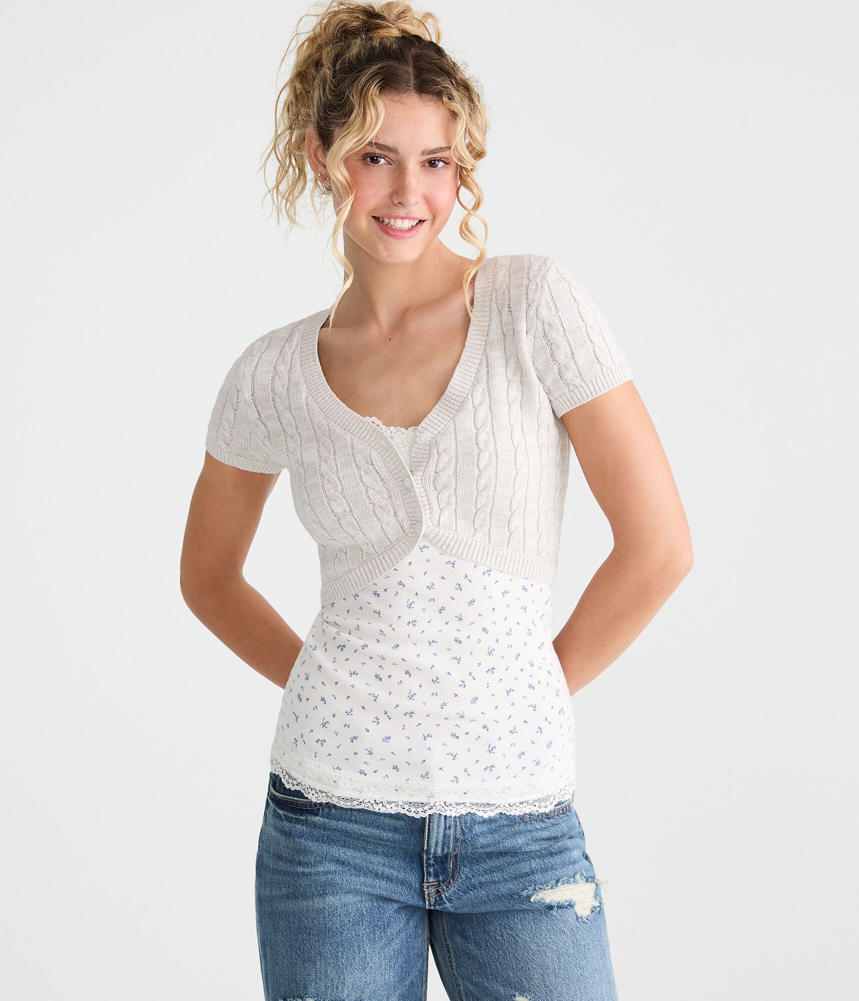 Short Sleeve Cable Knit Sweater Shrug