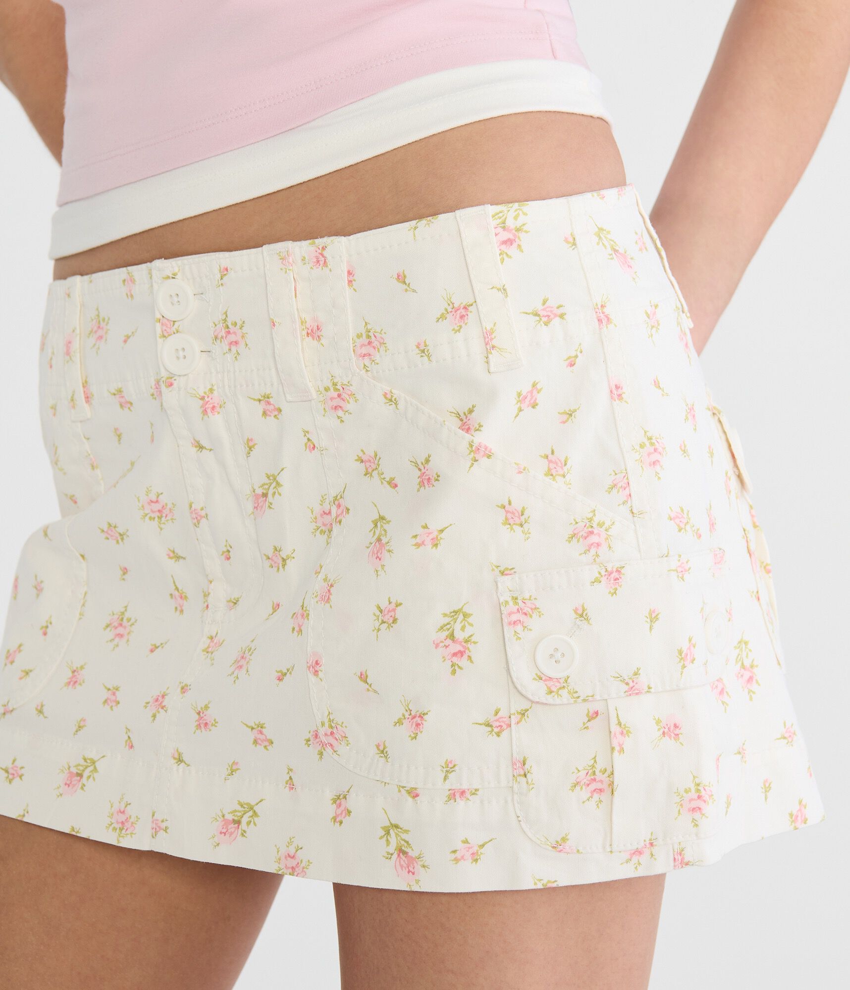 Floral Twill Cargo Low-Rise Mini Skirt