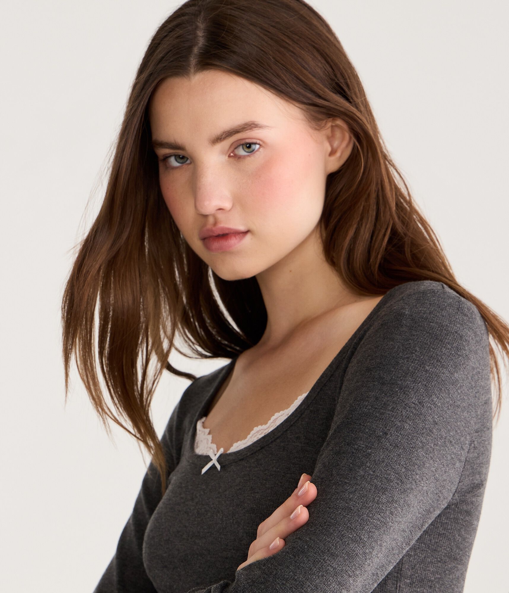 Long Sleeve Lace-Trim Cropped Sleep Tee